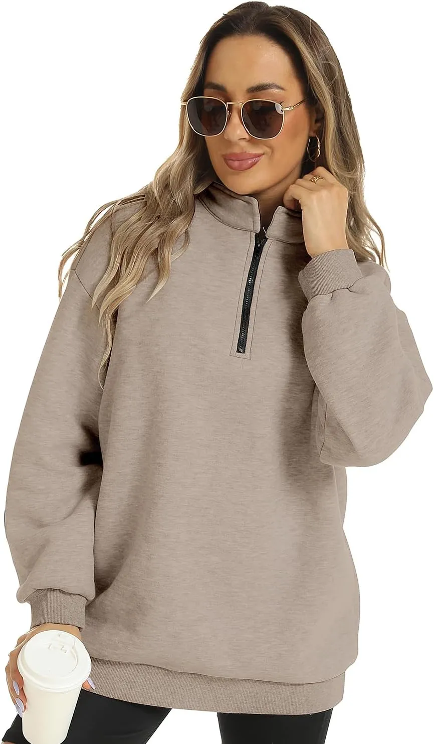 FANCYINN Womens Pullover Oversized Sweatshirt Half Zip Lapel Long Sleeve Drop Shoulder Teen Girls Fleece Sports Tops