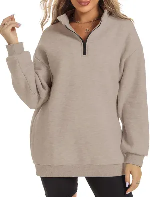 FANCYINN Womens Pullover Oversized Sweatshirt Half Zip Lapel Long Sleeve Drop Shoulder Teen Girls Fleece Sports Tops