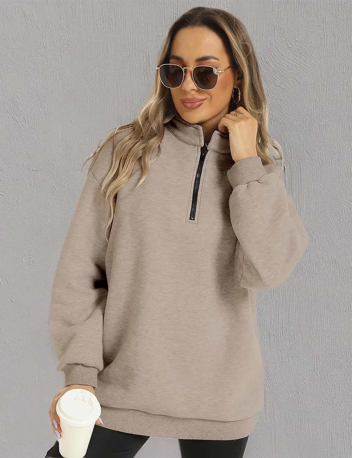 FANCYINN Womens Pullover Oversized Sweatshirt Half Zip Lapel Long Sleeve Drop Shoulder Teen Girls Fleece Sports Tops