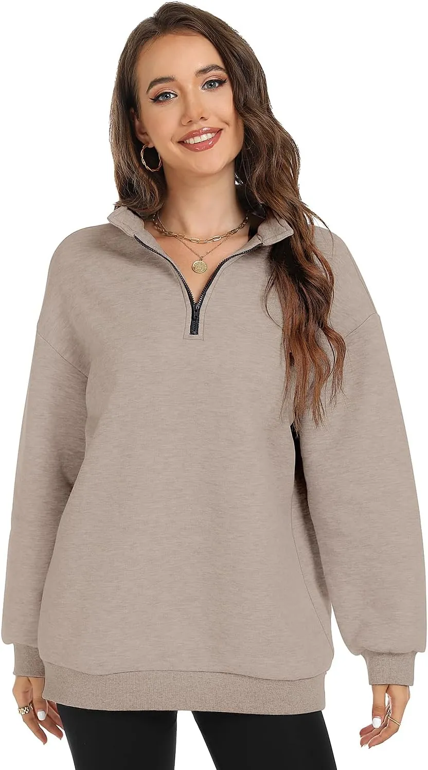 FANCYINN Womens Pullover Oversized Sweatshirt Half Zip Lapel Long Sleeve Drop Shoulder Teen Girls Fleece Sports Tops