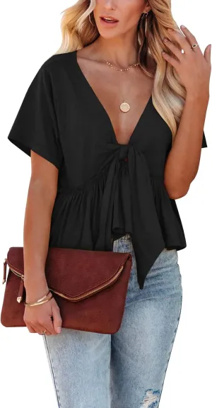 Fanway&EC Women's Short Sleeve V Neck Blouses Ruffle Hem Tie Front Crop Tops Lightweight Basic Summer Tops