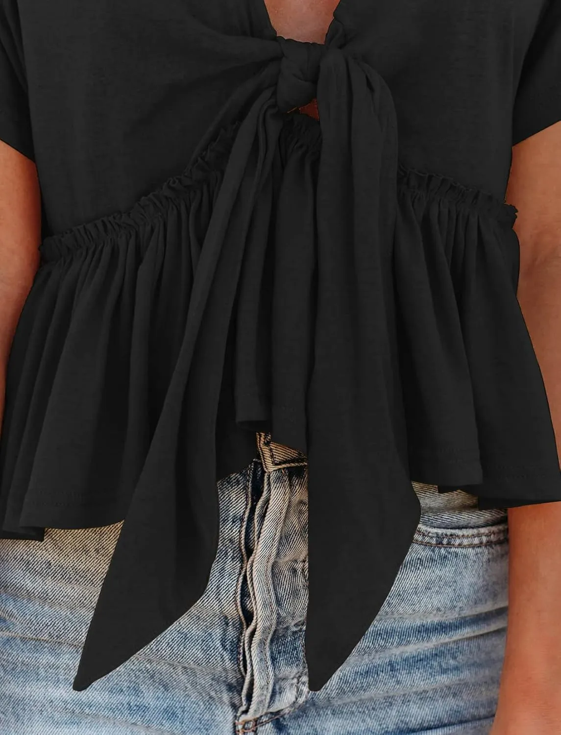 Fanway&EC Women's Short Sleeve V Neck Blouses Ruffle Hem Tie Front Crop Tops Lightweight Basic Summer Tops