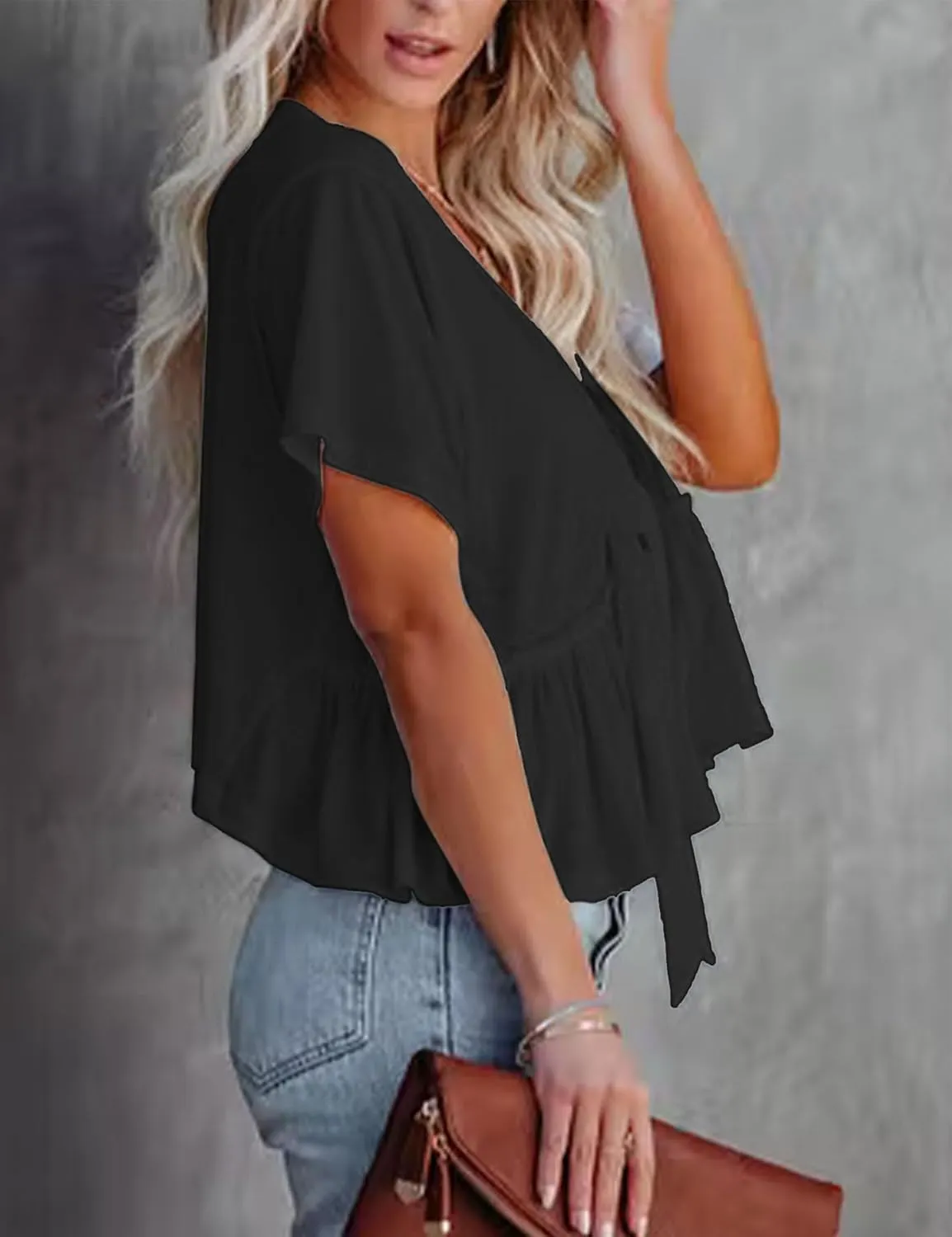 Fanway&EC Women's Short Sleeve V Neck Blouses Ruffle Hem Tie Front Crop Tops Lightweight Basic Summer Tops