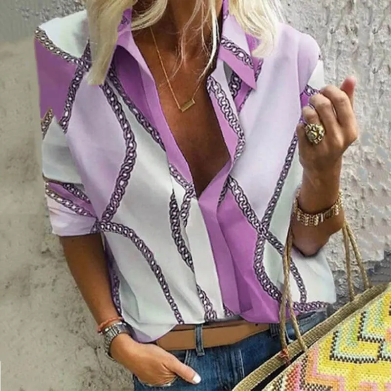 Fashion Patchwork V-neck Blouse