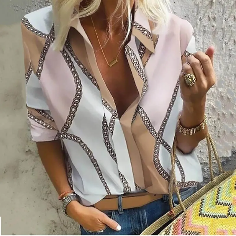 Fashion Patchwork V-neck Blouse