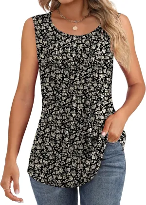 Ficerd Women's Tank Tops Sleeveless Tunic Pleated Crew Neck Blouses Summer Dressy Casual Loose Spring T Shirts