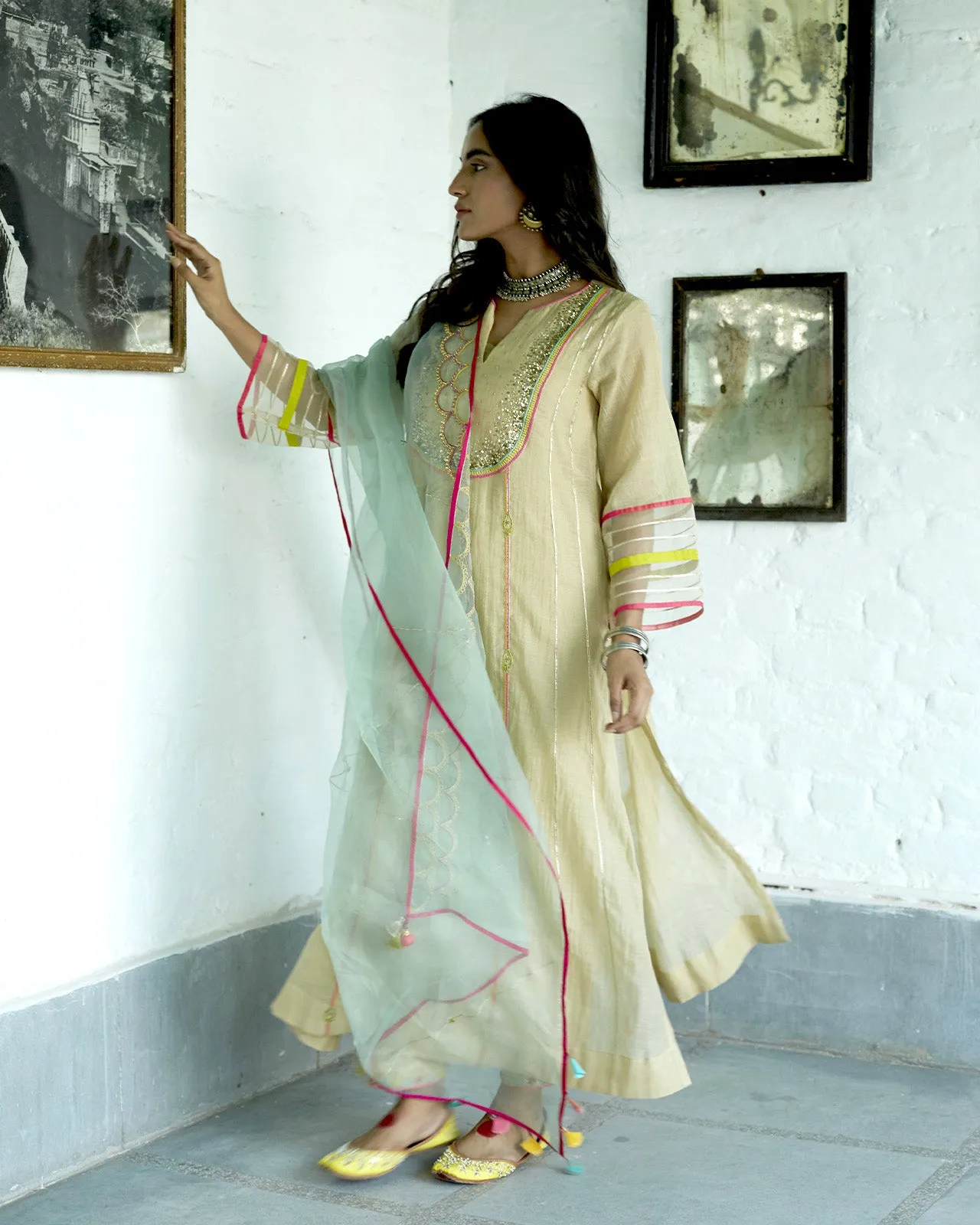Firdaus Beige Sequence Yoke Kurta Set