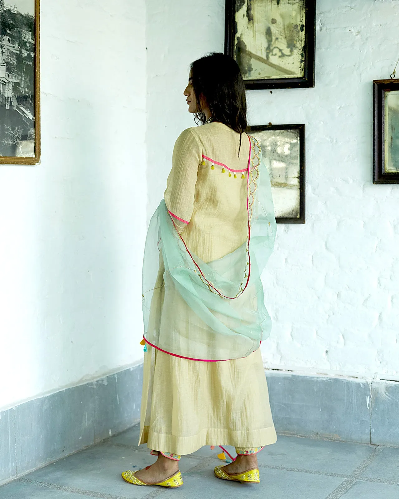 Firdaus Beige Sequence Yoke Kurta Set