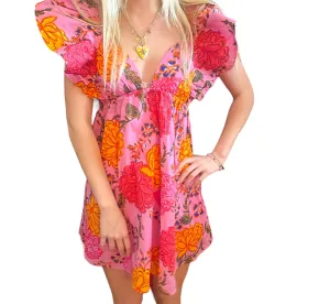 Floral Fiesta: Orange & Pink Tie-Back Dress
