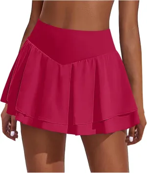 Flowy Skirts for Women Layered Ruffle Mini Skirts Solid Color Summer High Waisted Sports Athletic Yoga Golf Skirt