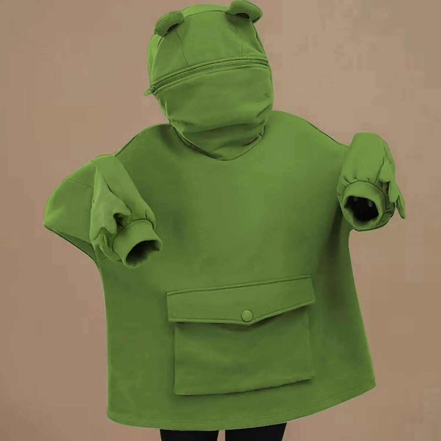 Frog Hoodies for Teen Girls Cute Hoodies Pullover Oversized Kawaii Hooded Sweatshirt Zipper Mouth Frog Hoodie for Women
