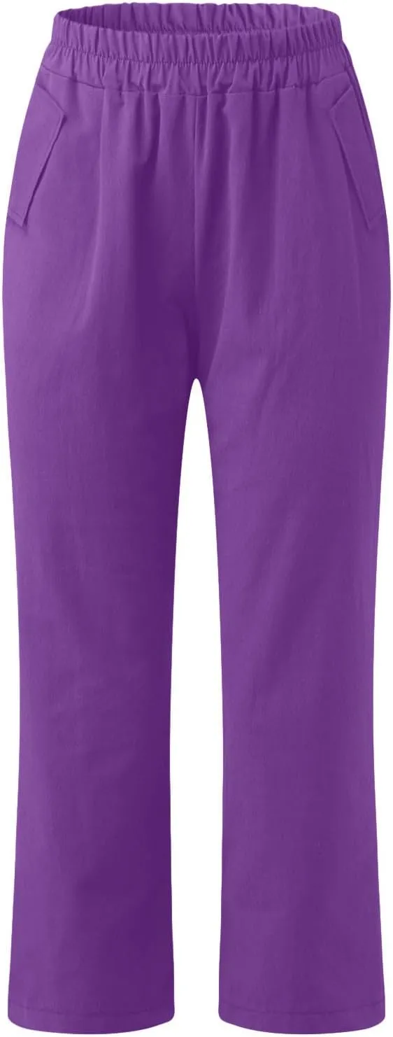 FZYLQY Womens High Waist Elastic Waist Pants Cotton Linen Summer Pants Ankle Length Comfy Trousers Boho Travel Clothes