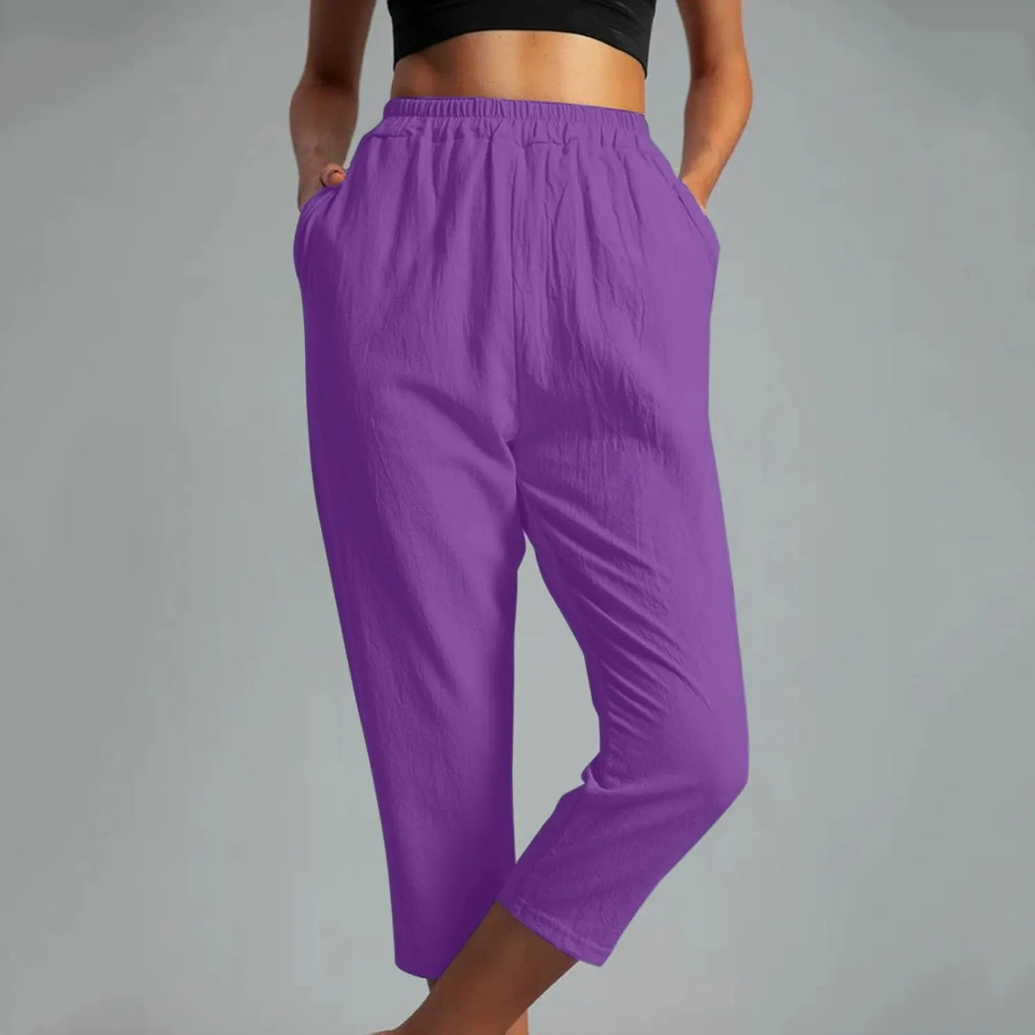 FZYLQY Womens High Waist Elastic Waist Pants Cotton Linen Summer Pants Ankle Length Comfy Trousers Boho Travel Clothes