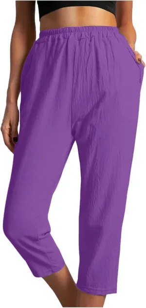 FZYLQY Womens High Waist Elastic Waist Pants Cotton Linen Summer Pants Ankle Length Comfy Trousers Boho Travel Clothes