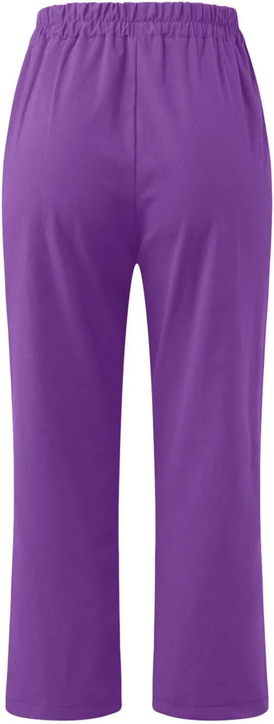 FZYLQY Womens High Waist Elastic Waist Pants Cotton Linen Summer Pants Ankle Length Comfy Trousers Boho Travel Clothes