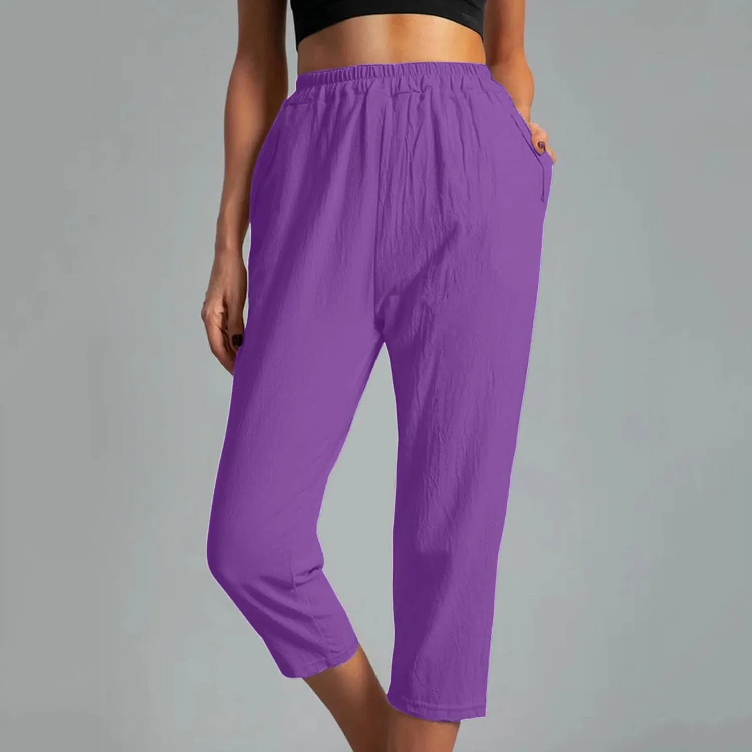 FZYLQY Womens High Waist Elastic Waist Pants Cotton Linen Summer Pants Ankle Length Comfy Trousers Boho Travel Clothes