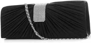 GALPADA Fashion Rhinestones Decor Pleated Front Black Evening Clutch Bag Satin Material Bridal Shoulder Bag