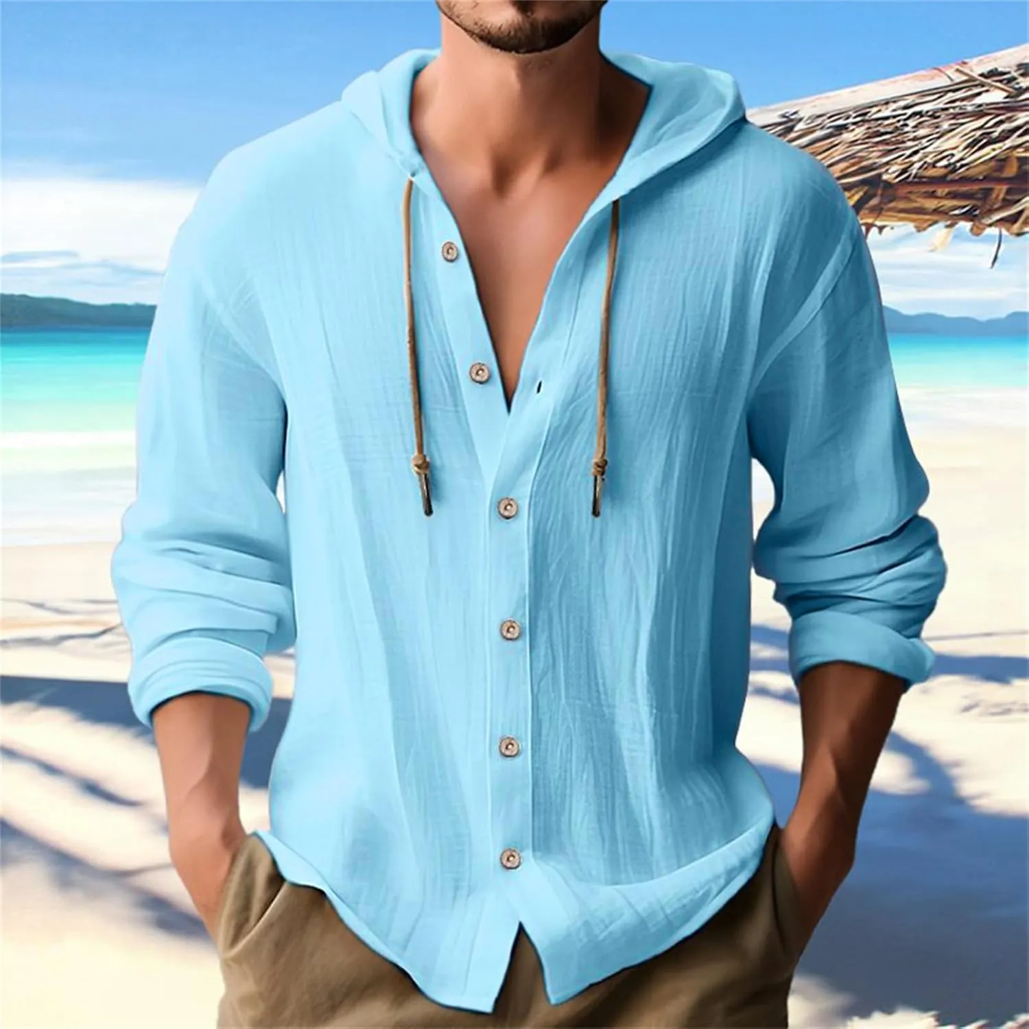 generic Mens Long Sleeve Linen Shirts Drawstring Hooded Sweatshirt Casual Fall Button Shirts Boys Trendy Streetwear Loose Fit