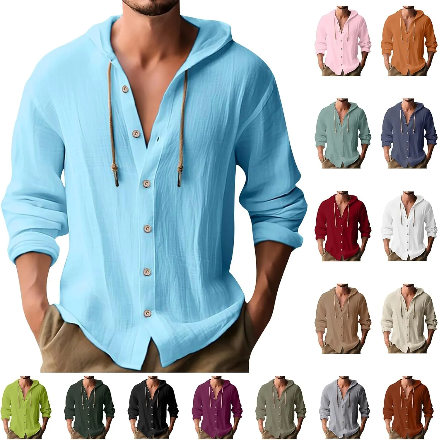 generic Mens Long Sleeve Linen Shirts Drawstring Hooded Sweatshirt Casual Fall Button Shirts Boys Trendy Streetwear Loose Fit