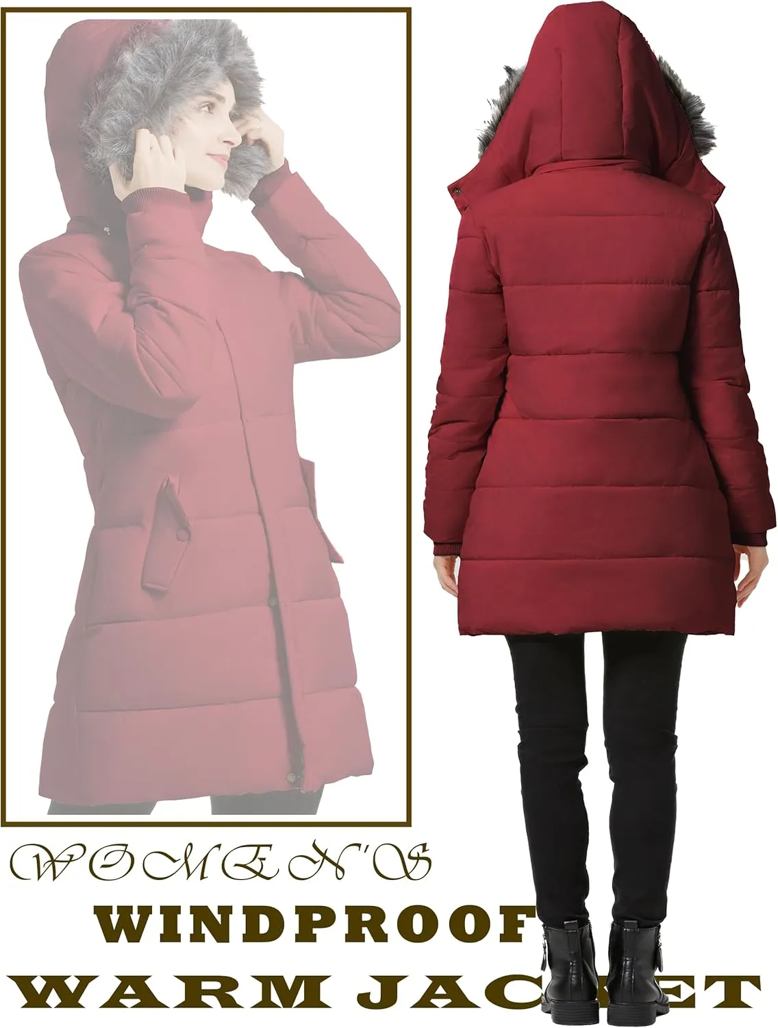 GGleaf Women's Winter Thicken Puffer Coat Warm Snow Jacket with Fur Removable Hood
