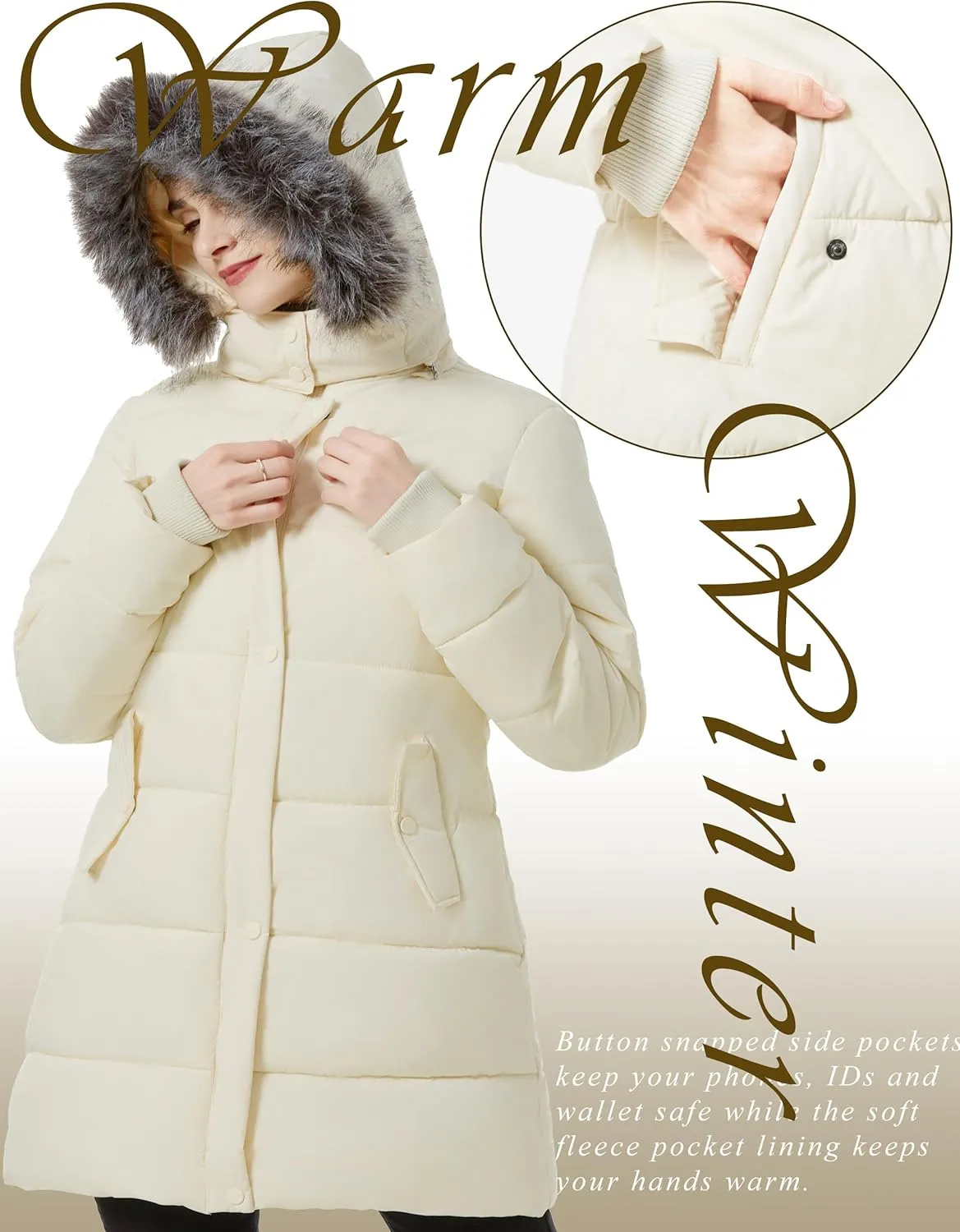 GGleaf Women's Winter Thicken Puffer Coat Warm Snow Jacket with Fur Removable Hood