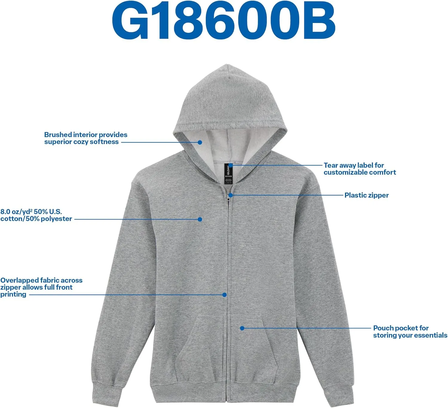 Gildan Kids' Full Zip Hoodie Sweatshirt, Style G18600B