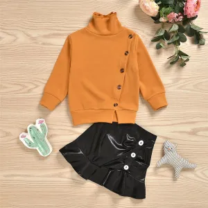 Girls Button Long Sleeve Sweaters & PU Skirt Girls Wholesale Clothes