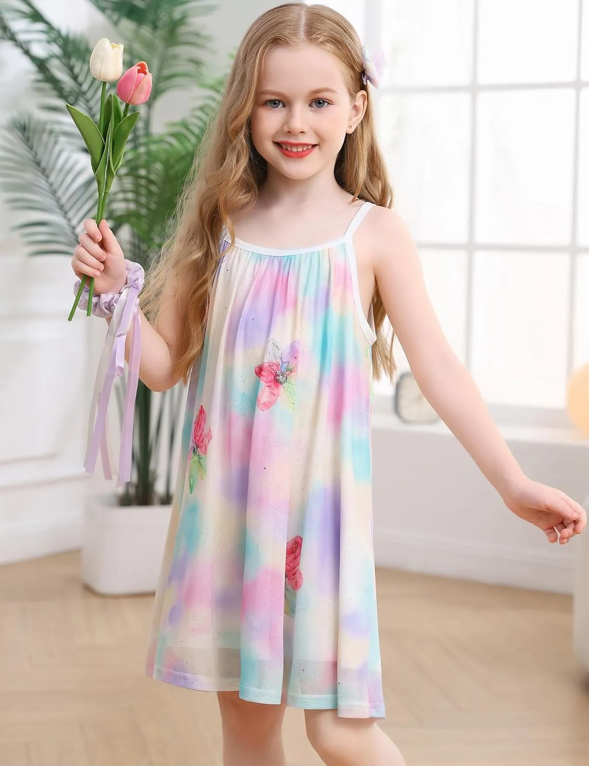 Girl's Summer Dress Casual Spaghetti Strap Rainbow Sundress Size 3-10 Year