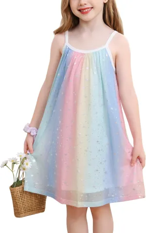 Girl's Summer Dress Casual Spaghetti Strap Rainbow Sundress Size 3-10 Year