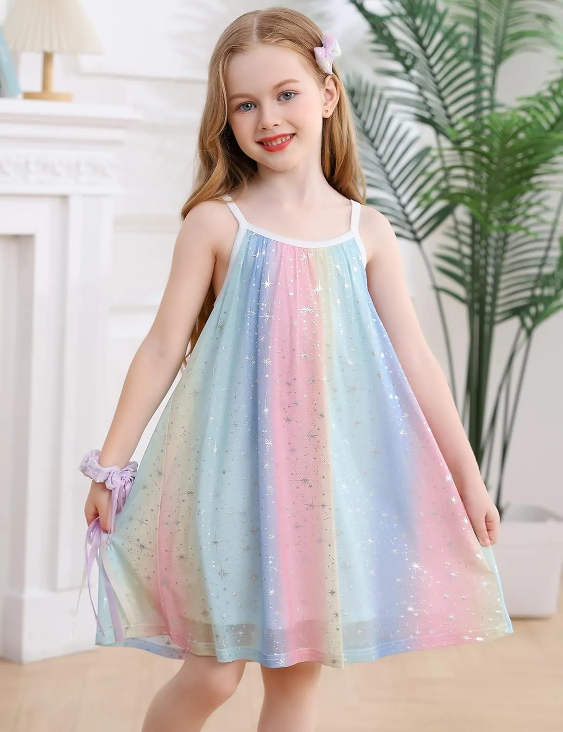 Girl's Summer Dress Casual Spaghetti Strap Rainbow Sundress Size 3-10 Year