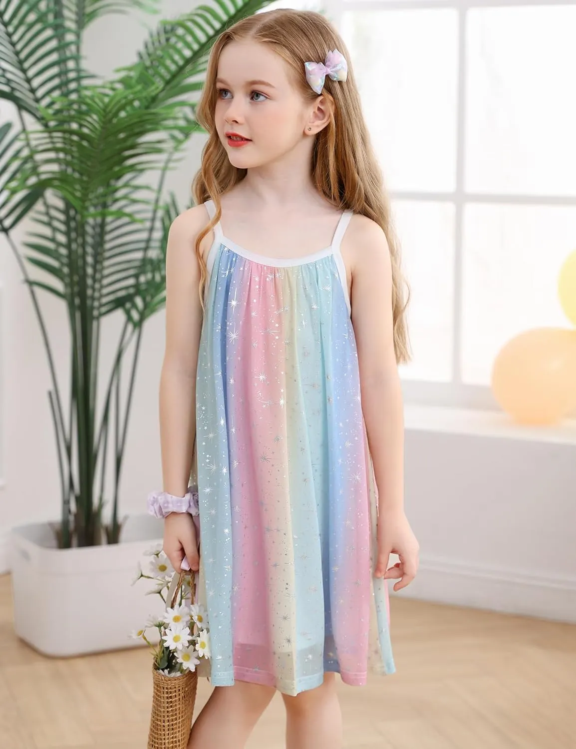 Girl's Summer Dress Casual Spaghetti Strap Rainbow Sundress Size 3-10 Year