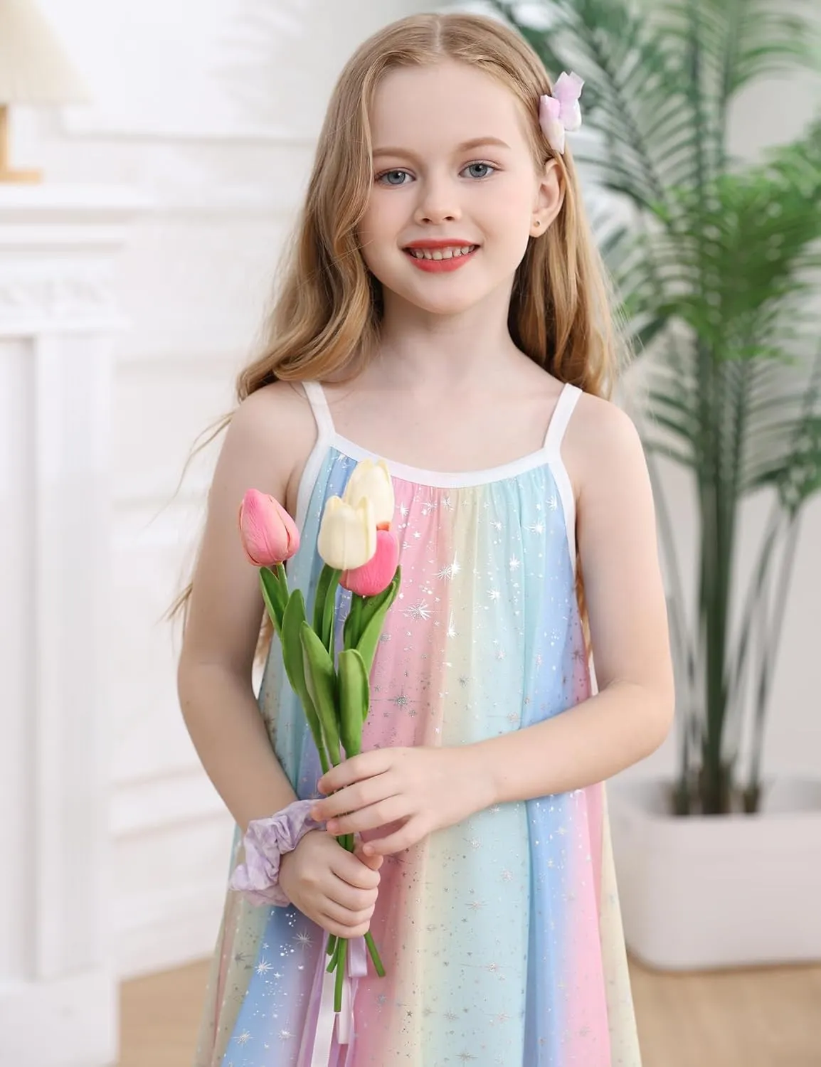 Girl's Summer Dress Casual Spaghetti Strap Rainbow Sundress Size 3-10 Year