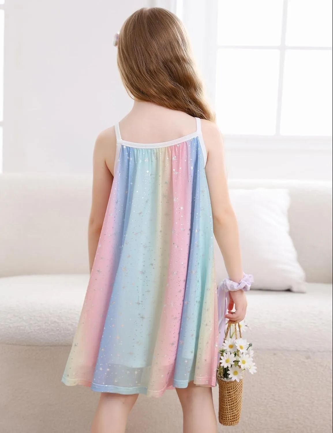 Girl's Summer Dress Casual Spaghetti Strap Rainbow Sundress Size 3-10 Year