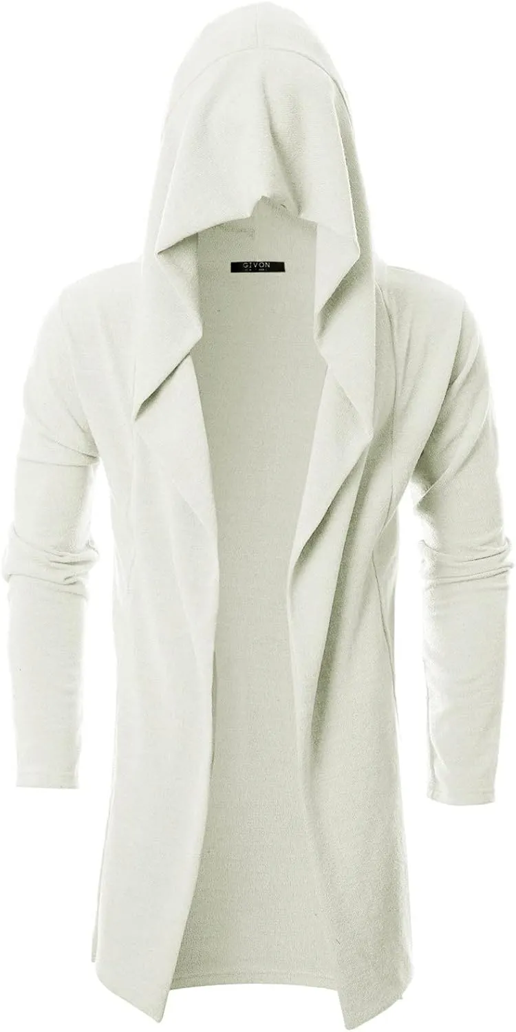GIVON Men's Long Hooded Shawl Cardigan Open Front Gothic Cloak with Drape Design Shawl Collar
