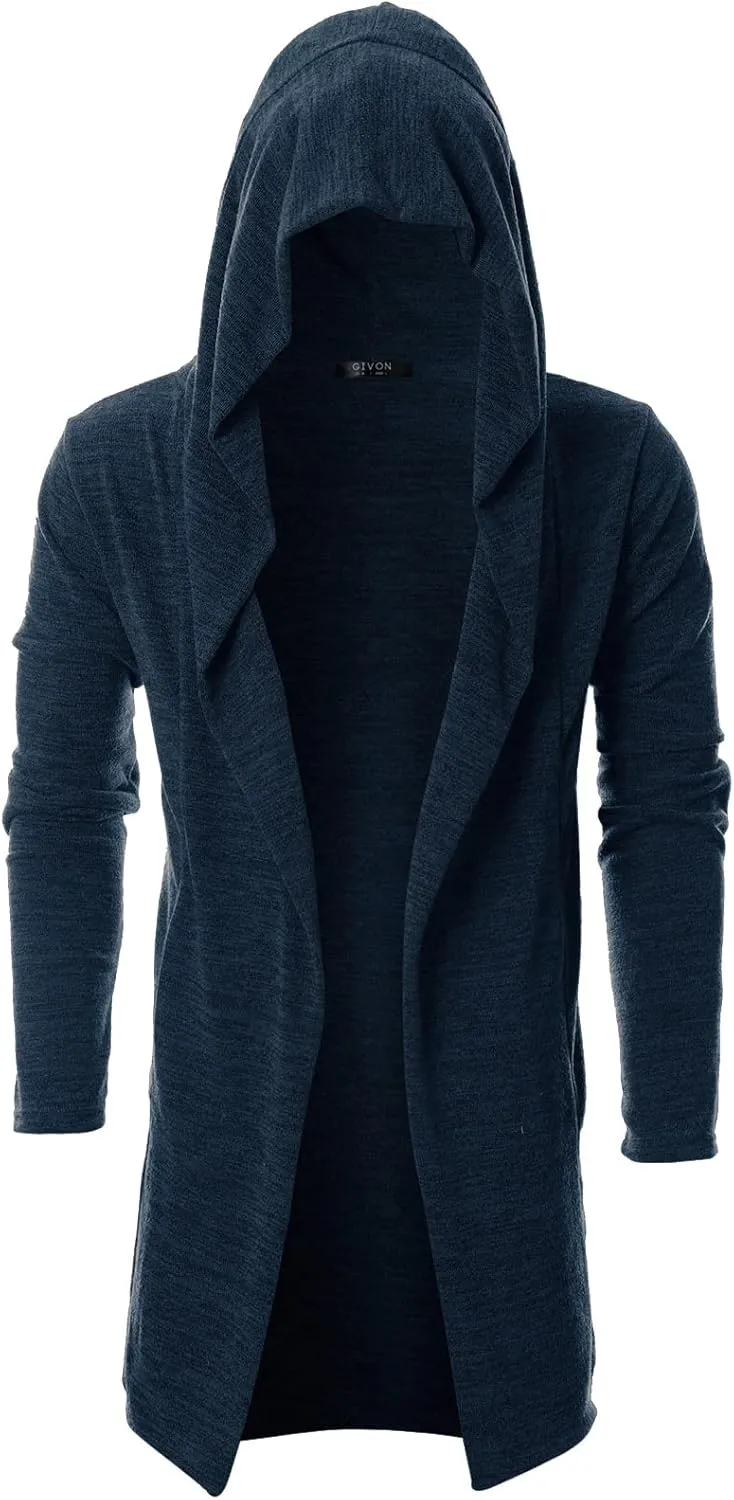 GIVON Men's Long Hooded Shawl Cardigan Open Front Gothic Cloak with Drape Design Shawl Collar