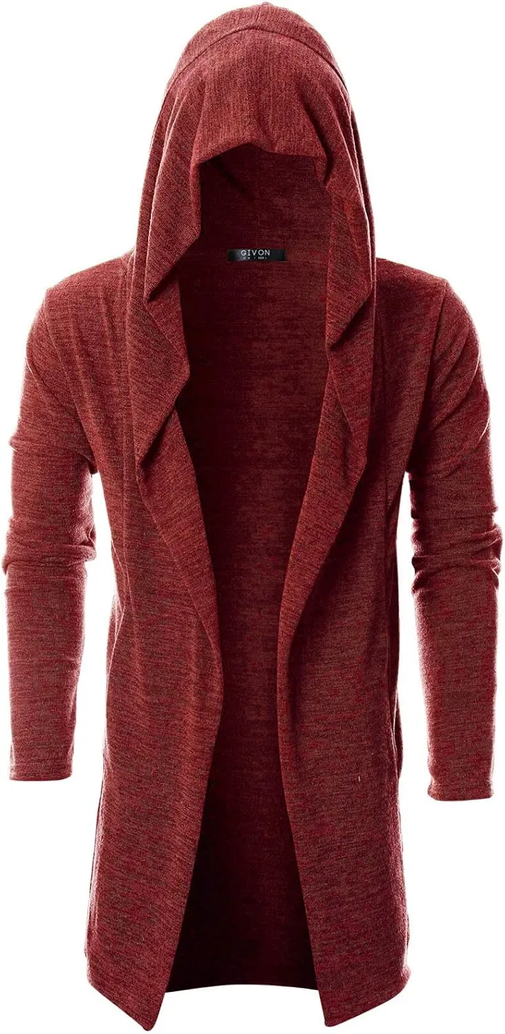 GIVON Men's Long Hooded Shawl Cardigan Open Front Gothic Cloak with Drape Design Shawl Collar