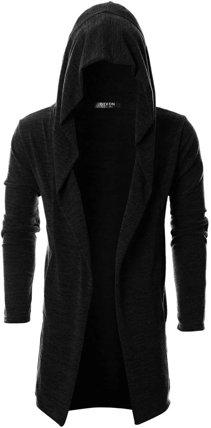 GIVON Men's Long Hooded Shawl Cardigan Open Front Gothic Cloak with Drape Design Shawl Collar