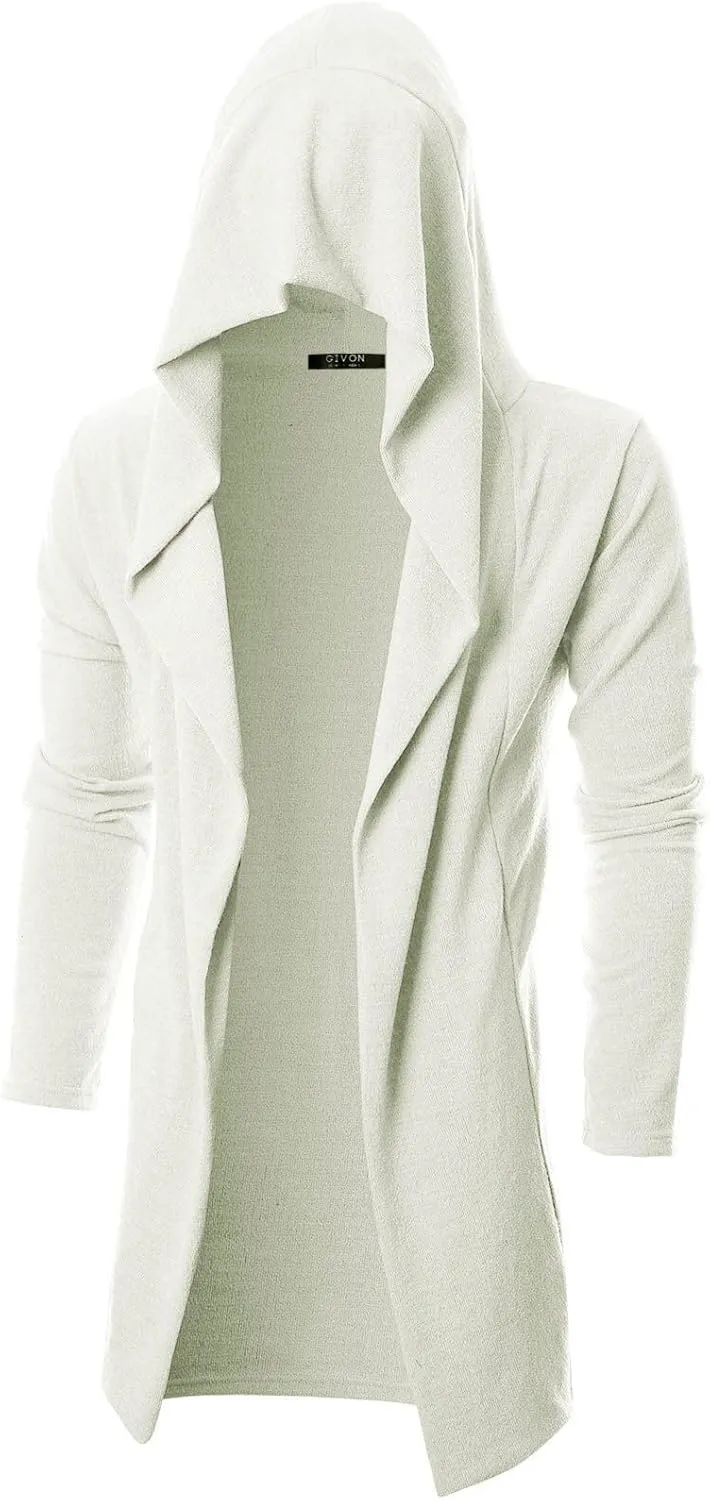 GIVON Men's Long Hooded Shawl Cardigan Open Front Gothic Cloak with Drape Design Shawl Collar
