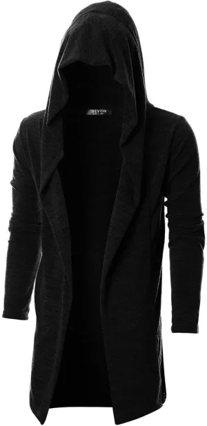 GIVON Men's Long Hooded Shawl Cardigan Open Front Gothic Cloak with Drape Design Shawl Collar