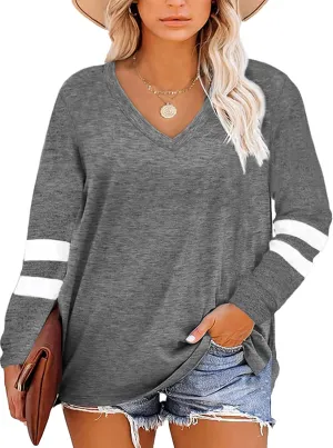 Gloria&Sarah Womens Plus Size Tops V Neck T Shirt Color Block Long Sleeve Casual Tunic Tops