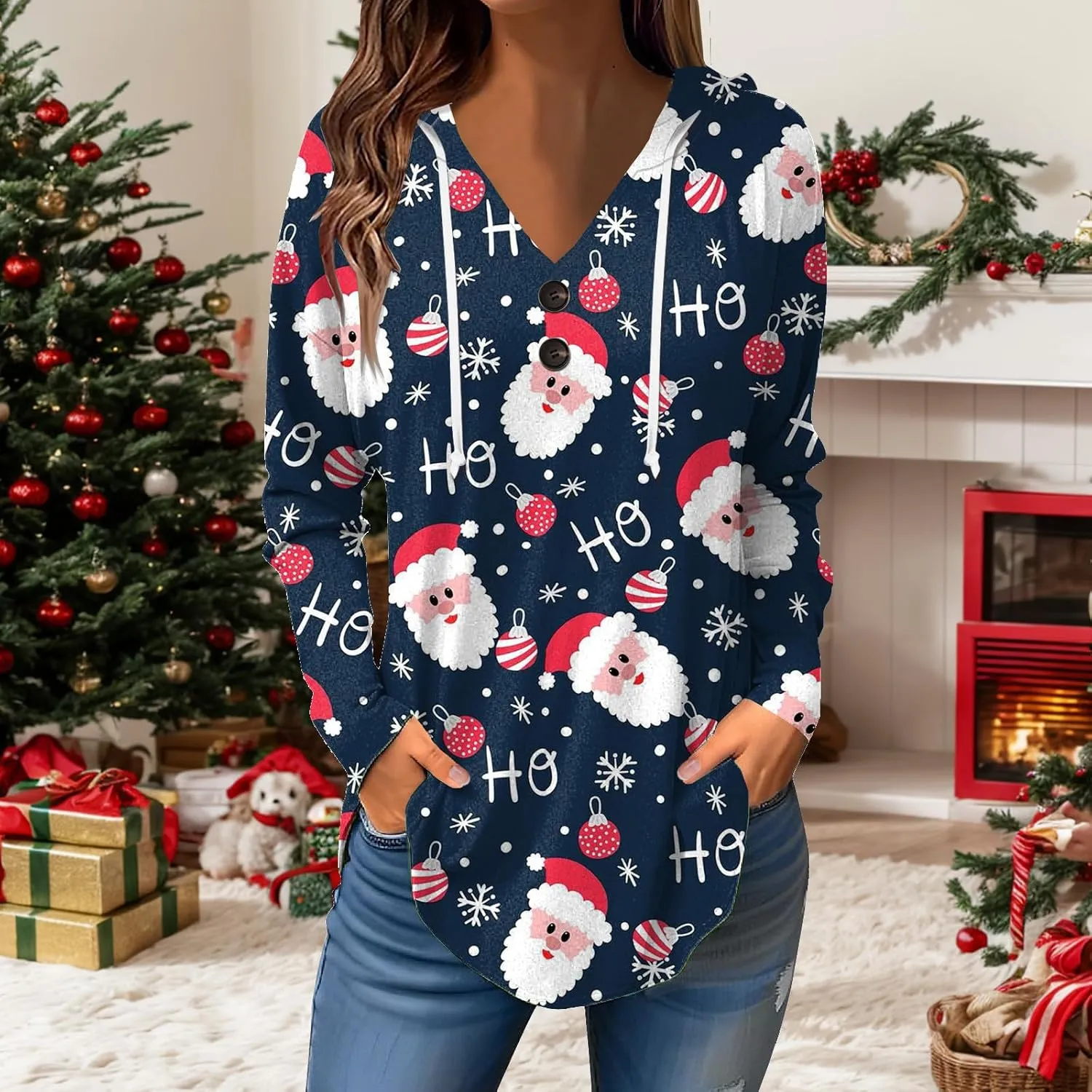 GOFULY Christmas Hoodie Womens Winter Oversized Button Shirt Drawstring Xmas Print Trendy Fall Tunic Tops Christmas Clothes