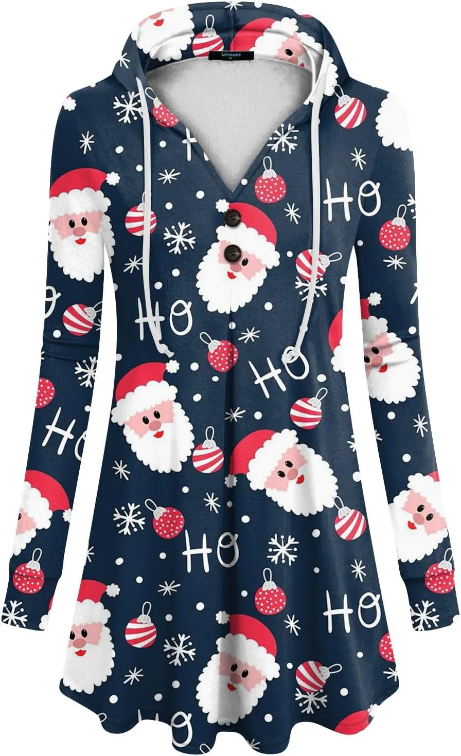 GOFULY Christmas Hoodie Womens Winter Oversized Button Shirt Drawstring Xmas Print Trendy Fall Tunic Tops Christmas Clothes