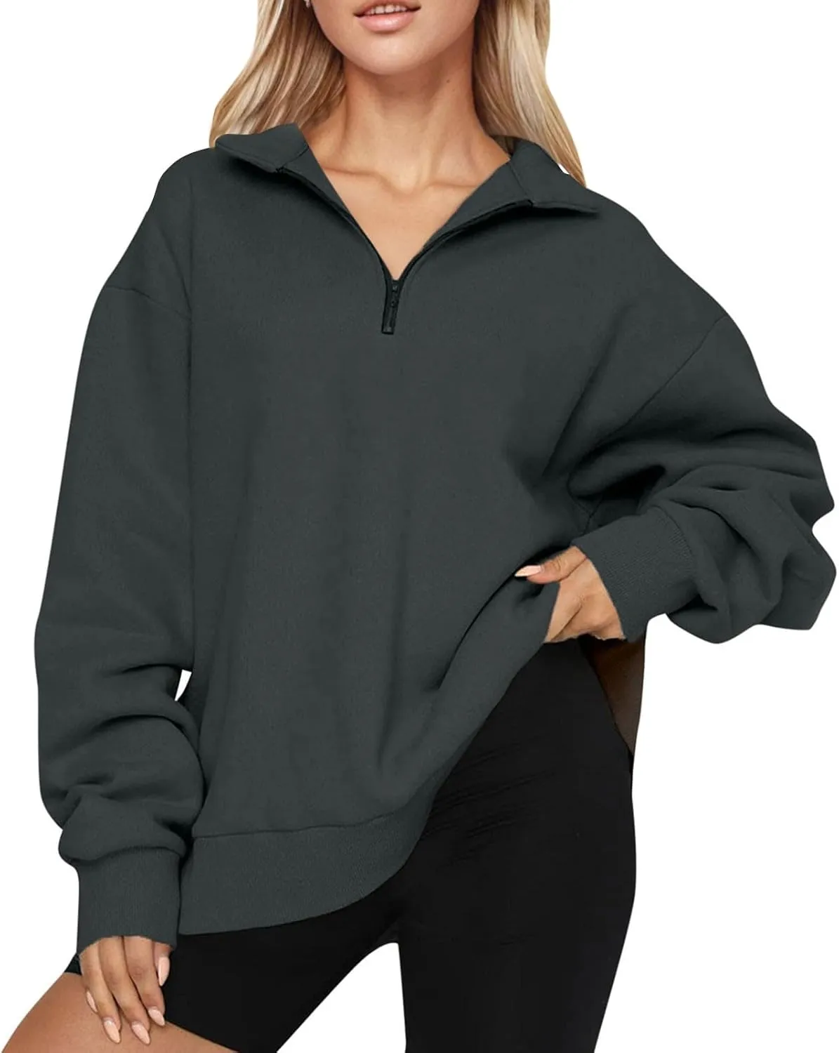 GOFULY Quarter Zip Pullover Women Fleece Fall Long Sleeve Lapel Collar Oversized Sweatshirt Drop Shoulder Shirt Winter Clothe