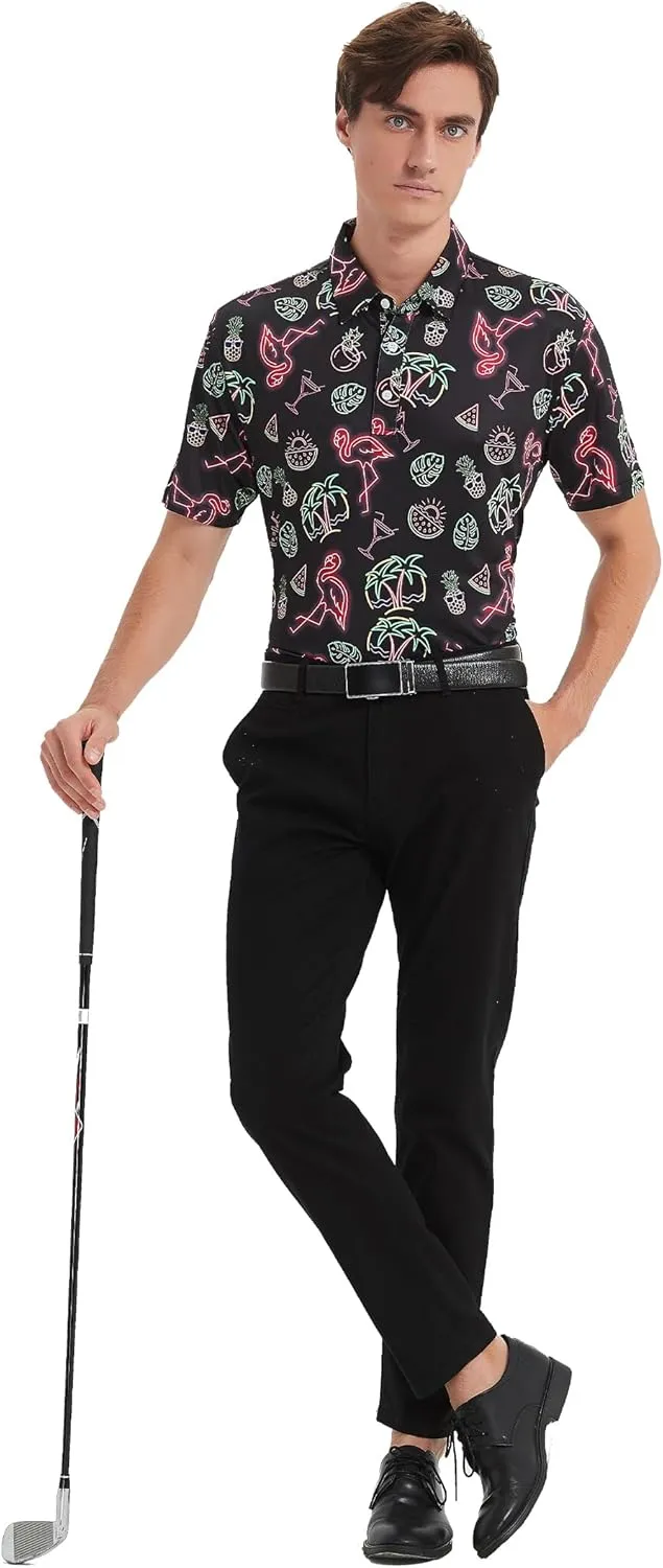 Golf Shirts for Men Dry Fit Short Sleeve Print Performance Moisture Wicking Golf Polo Shirts for Men