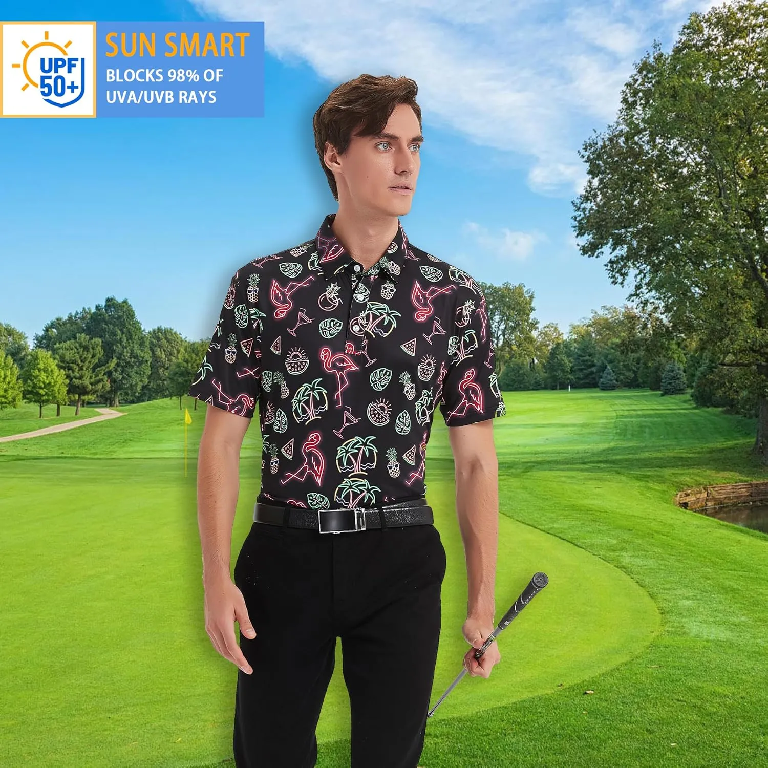 Golf Shirts for Men Dry Fit Short Sleeve Print Performance Moisture Wicking Golf Polo Shirts for Men