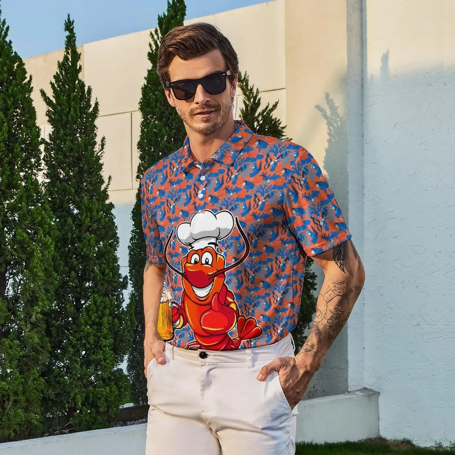Golf Shirts for Men Printed Quick Dry Short Sleeve Performance Polo Shirts Moisture Wicking Collared Tennis T-Shirt