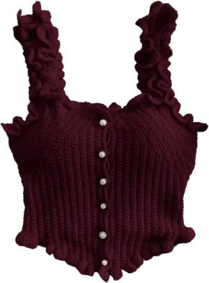 GORGLITTER Women's Pearl Knit Crop Tops Beaded Asymmetrical Button Down Sleeveless Sweater Tank Tops