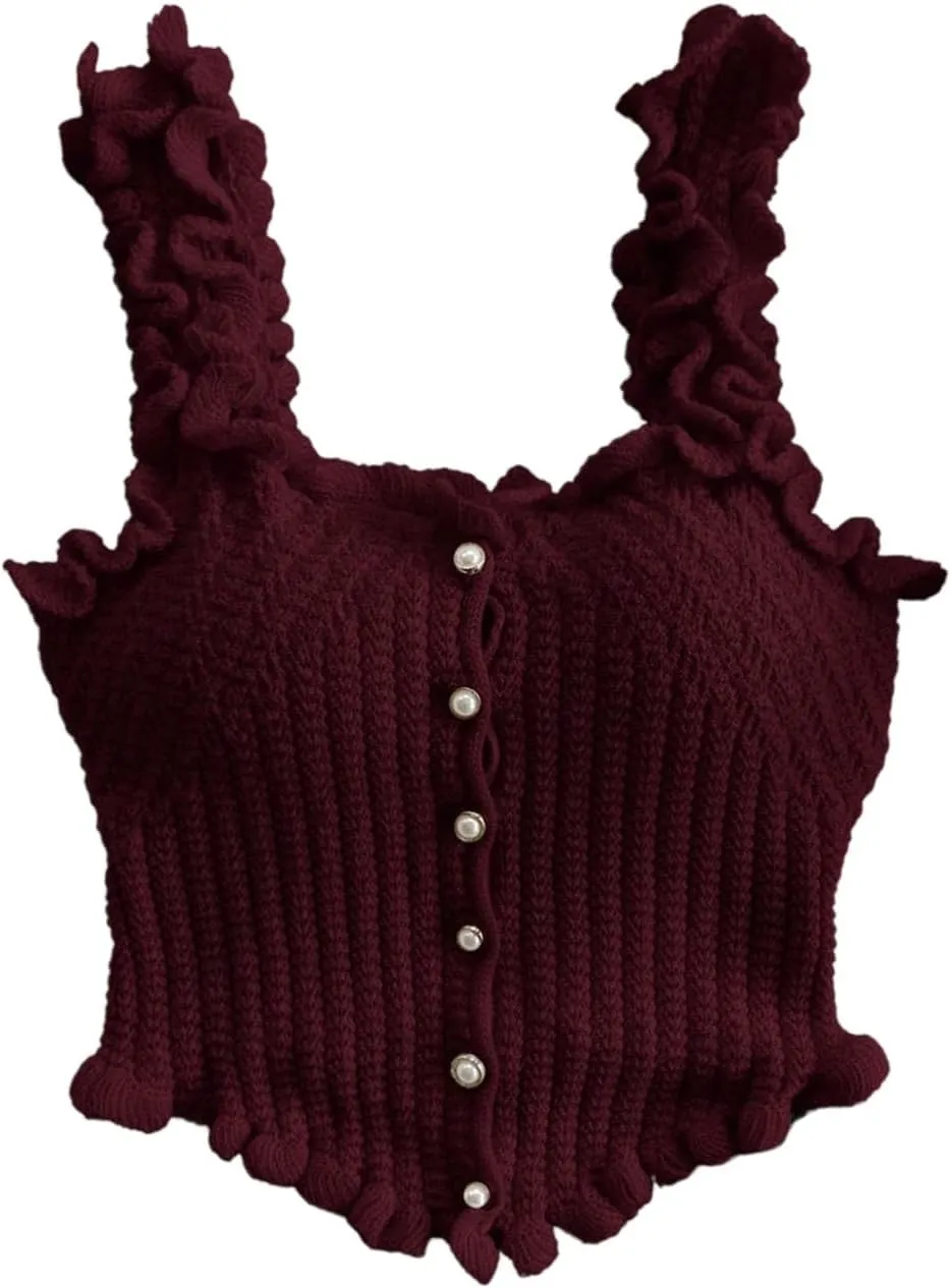 GORGLITTER Women's Pearl Knit Crop Tops Beaded Asymmetrical Button Down Sleeveless Sweater Tank Tops