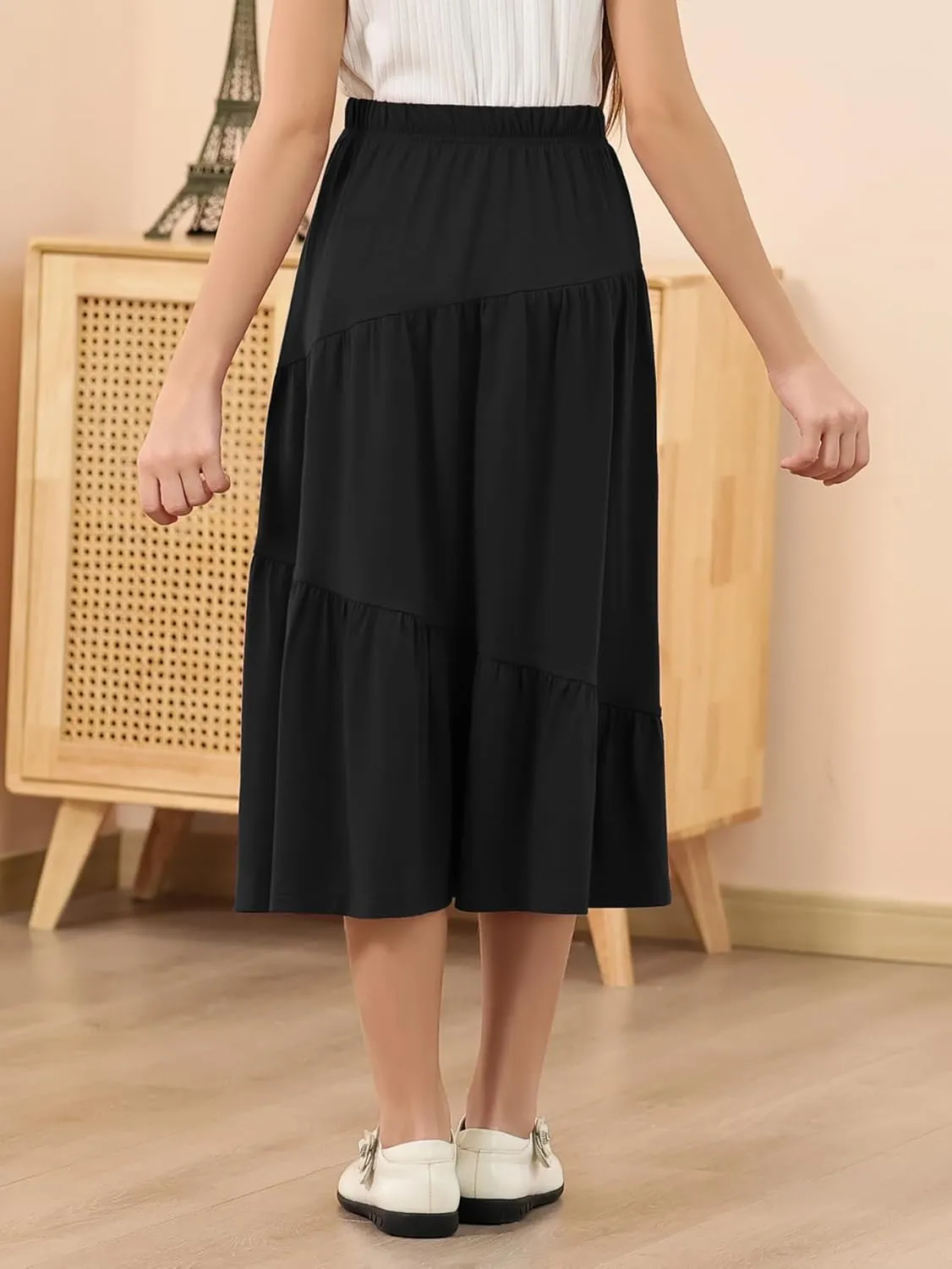 GORLYA Girls Holiday Casual Asymmetrical Tiered Ruffle Hem Long Swing Boho Fancy Maxi Skirt 6-14Y
