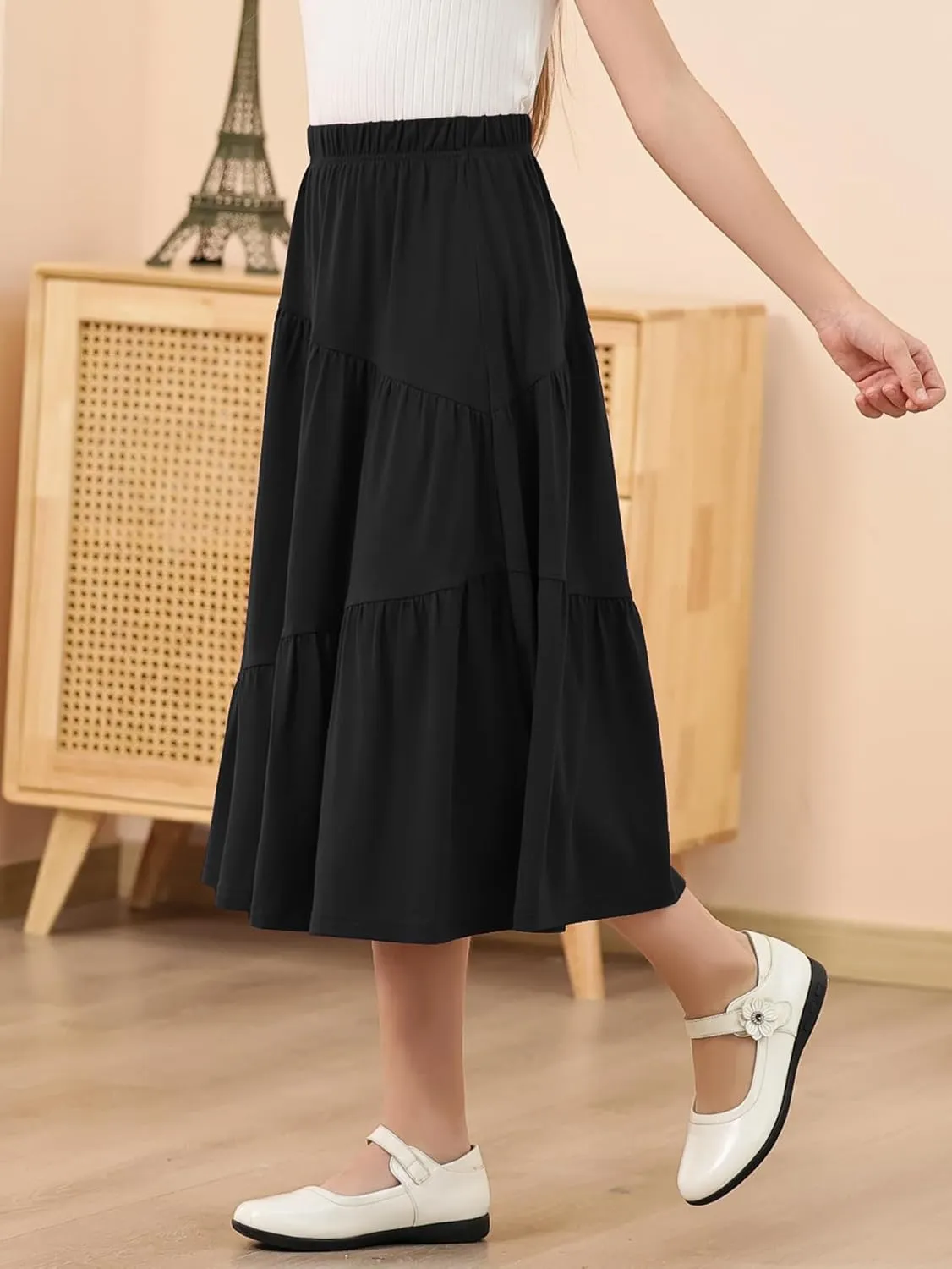 GORLYA Girls Holiday Casual Asymmetrical Tiered Ruffle Hem Long Swing Boho Fancy Maxi Skirt 6-14Y